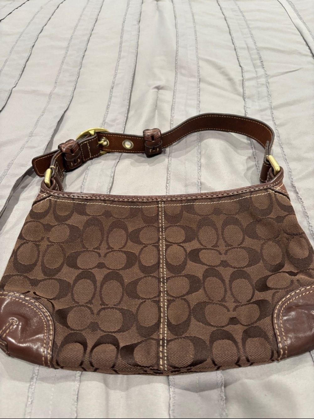 Coach Brown Signature Canvas Shoulder Hobo with Leather Trim